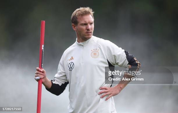 Julian Nagelsmann, head coach of Germany looks on during a training session of the German national football team on October 10, 2023 in Foxborough,...