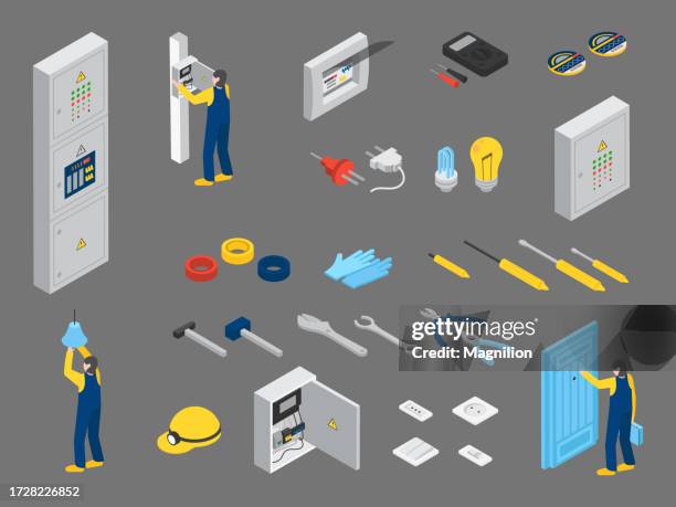 illustrations, cliparts, dessins animés et icônes de vecteur isométrique d’électricien et d’outils d’électricien - équipement industriel