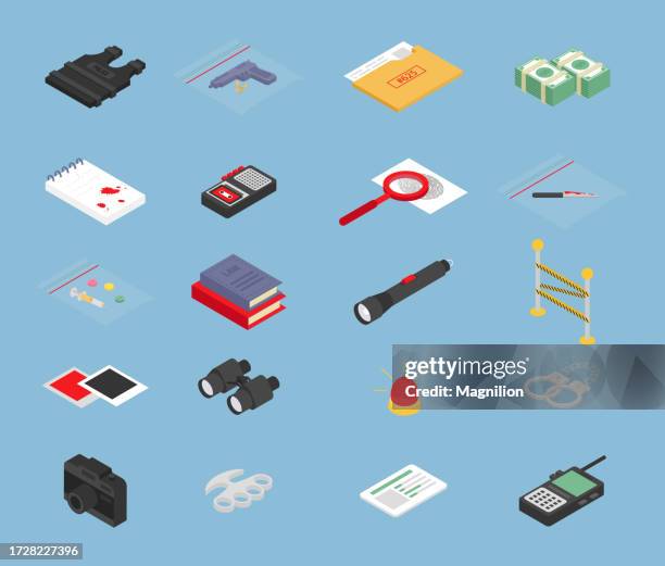stockillustraties, clipart, cartoons en iconen met detective attributes isometric vector set - detective