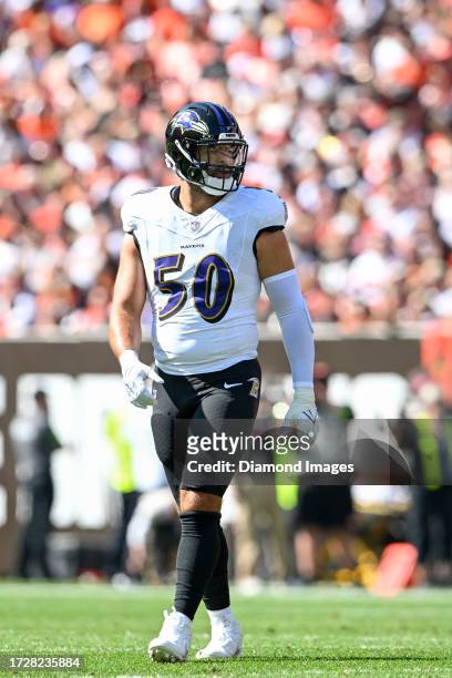 Kyle Van Noy of the Baltimore Ravens looks on during the first half against the Cleveland Browns at Cleveland Browns Stadium on October 01, 2023 in...