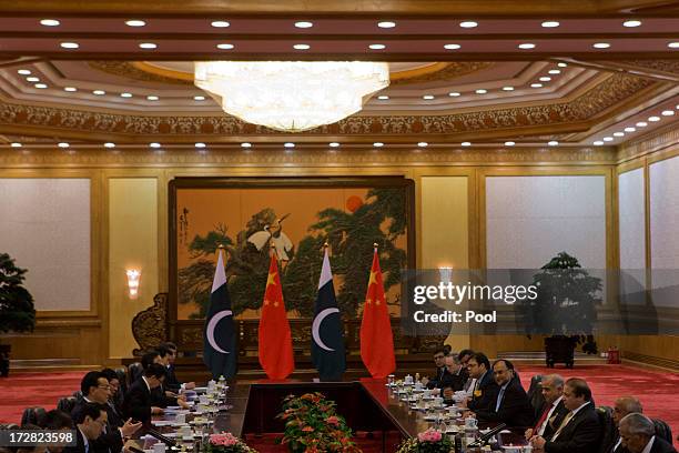 Pakistan Prime Minister Nawaz Sharif and Chinese Premier Li Keqiang attend talks held at the Great Hall of the People on July 5, 2013 in Beijing,...