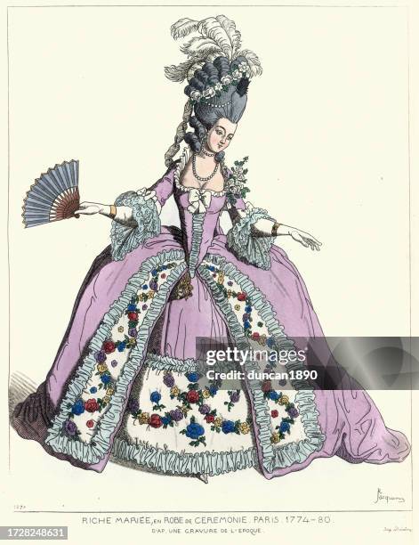 illustrations, cliparts, dessins animés et icônes de histoire de la mode 18ème siècle, mariée riche, en tenue de cérémonie. paris. 1774-80 - style du xviiième siècle