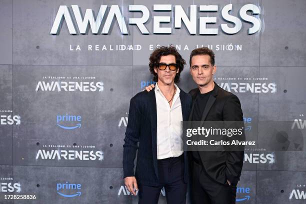 Oscar Jaenada and Pedro Alonso attend "Awareness" premiere at Capitol cinema on October 10, 2023 in Madrid, Spain.