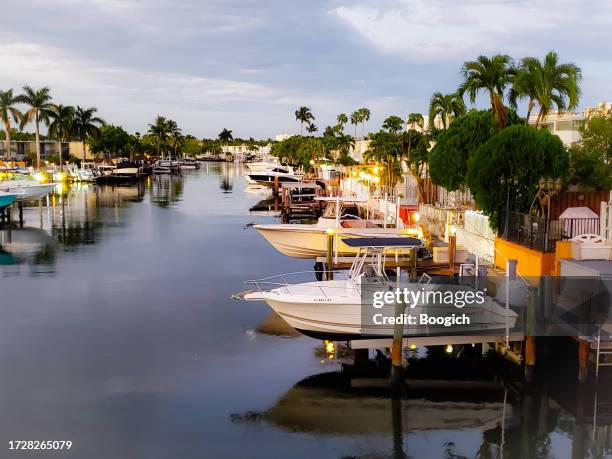 boats docked by the intracoastal in hallandale beach florida - hallandale beach stock pictures, royalty-free photos & images