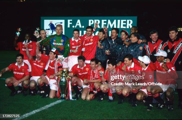 May 1993 Premiership Football - Manchester United v Blackburn Rovers - United squad celebrate as they are crowned champions of the FA premier League,.
