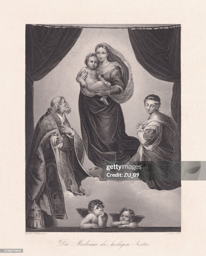 Sixtinische Madonna, gemalt von Raffael, Stahlstich, erschienen 1863