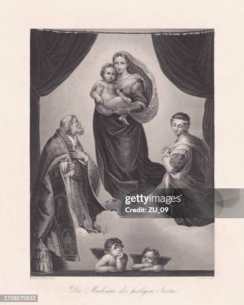 sistine madonna, painted by raphael, steel engraving, published 1863 - sistine madonna stock illustrations