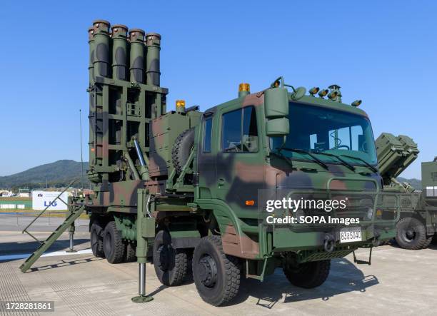 South Korea's Cheongung medium range surface-to-air missile system seen on display during a Media Day event for the Seoul International Aerospace and...