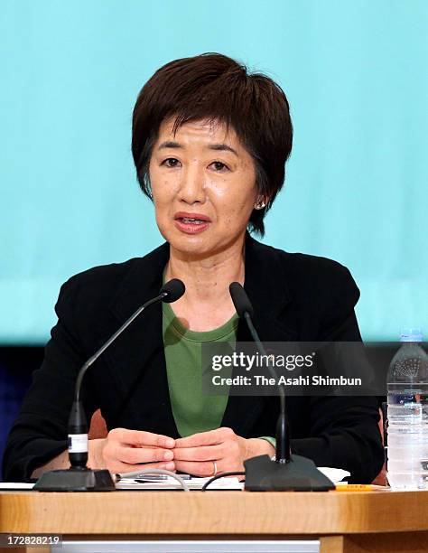 Green Wind leader Ikuko Tanioka speaks during the party leaders debate at the Japan National Press Club on July 3, 2013 in Tokyo, Japan. The upper...