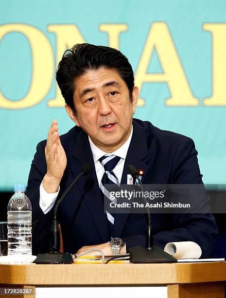 Japanese Prime Minister and Liberal Democratic Party leader Shinzo Abe speaks during the party leaders debate at the Japan National Press Club on...