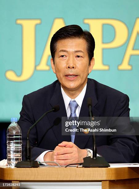 New Komeito leader Natsuo Yamaguchi speaks during the party leaders debate at the Japan National Press Club on July 3, 2013 in Tokyo, Japan. The...