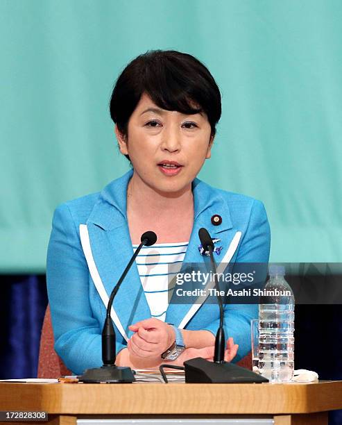 Social Democratic Party leader Mizuho Fukushima speaks during the party leaders debate at the Japan National Press Club on July 3, 2013 in Tokyo,...