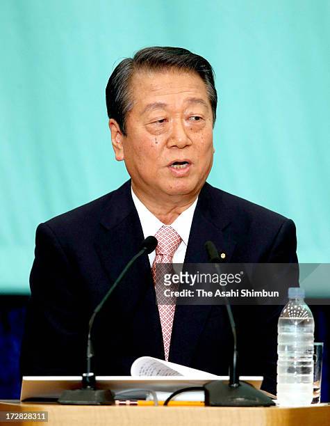 People's Life Party leader Ichiro Ozawa speaks during the party leaders debate at the Japan National Press Club on July 3, 2013 in Tokyo, Japan. The...
