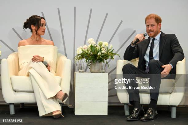 Meghan, Duchess of Sussex and Prince Harry, Duke of Sussex speak onstage at The Archewell Foundation Parents’ Summit: Mental Wellness in the Digital...