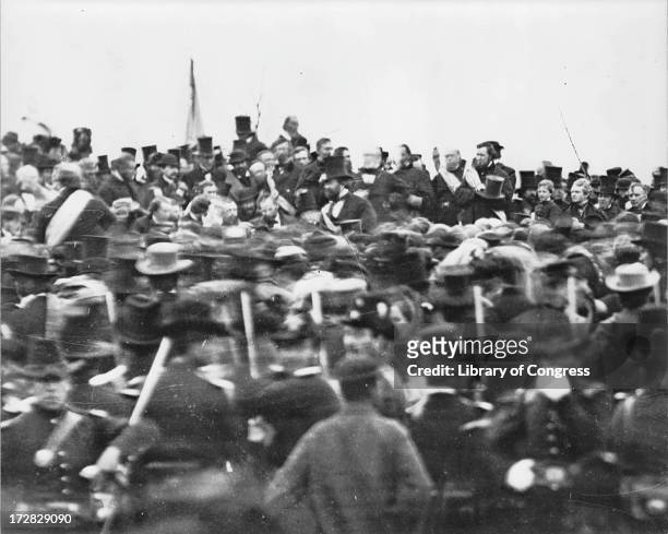 President Abraham Lincoln arrives at Gettysburg in Pennsylvania, to deliver the Gettysburg Address, 19th November 1863. To Lincoln's right is his...