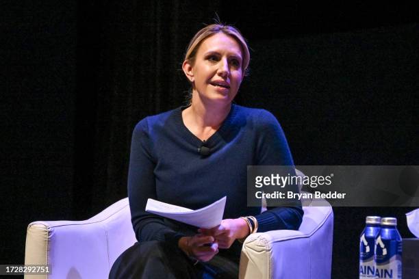 Poppy Harlow speaks onstage at the Mainstage Talk: Ending the Stigma: From Silence to Solutions during Project Healthy Minds' World Mental Health Day...