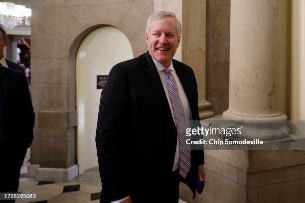 Former Trump White House Chief of Staff Mark Meadows arrives at the office of the Speaker of the House at the U.S. Capitol on October 10, 2023 in...
