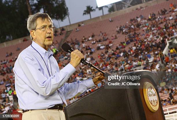 Pasadena Mayor Bill Bogaard speaks during Americafest 2013, 87th Annual Fourth of July Celebration at Rose Bowl on July 4, 2013 in Pasadena,...