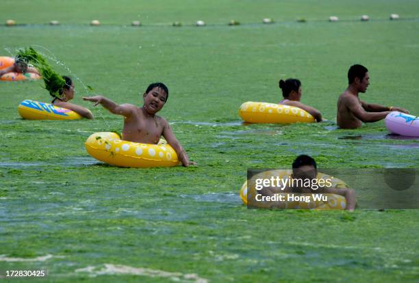 Children swim in sea water covered in a thick layer of green algae on July 05, 2013 in Qingdao, China. A large quantity of non-poisonous green...