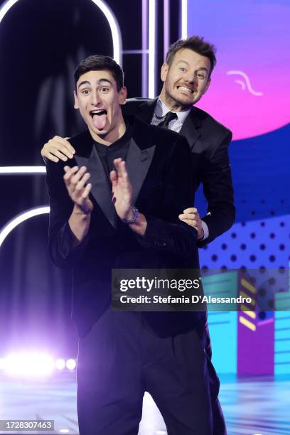 Alessandro Michieletto and Alessandro Cattelan attend "Stasera C'è Cattelan" Tv Show on October 10, 2023 in Milan, Italy.