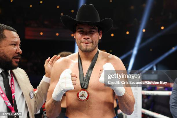 Gilberto Ramirez poses for the media after his win on October 07, 2023 in Las Vegas, Nevada.