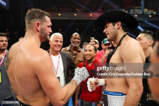Gilberto Ramirez and Joe smith Jr embrace after their fight on October 07, 2023 in Las Vegas, Nevada.