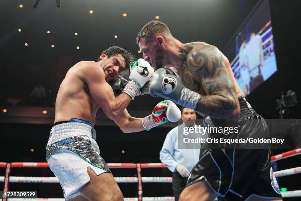 Joe Smith Jr lands a punch on Gilberto Ramirez on October 07, 2023 in Las Vegas, Nevada.