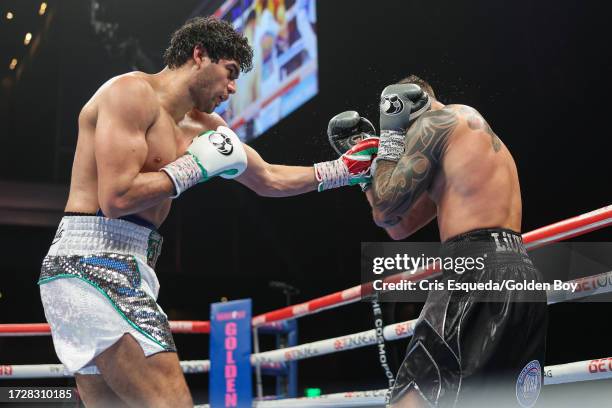 Gilberto Ramirez lands a punch on Joe Smith Jr on October 07, 2023 in Las Vegas, Nevada.