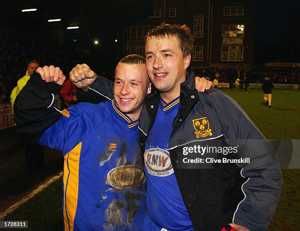 Luke Rodgers and Nigel Jemson of Shrewsbury Town celebrate after the FA Cup Third Round match between Shrewsbury Town and Everton held on January 4,...