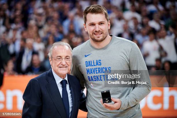 President of Real Madrid, Florentino Perez and Luka Doncic of Dallas Mavericks during Exhibition match between Real Madrid and Dallas Mavericks at...