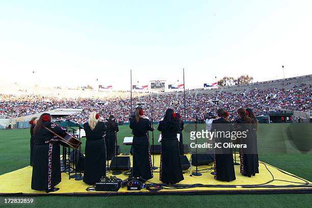 Musical group Mariachi Divas perform on stage during Americafest 2013, 87th Annual Fourth of July Celebration at Rose Bowl on July 4, 2013 in...