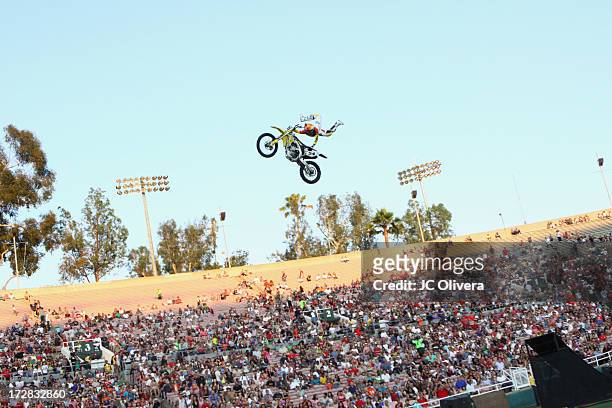 Freestyle Motorcross rider performs a trick during Americafest 2013, 87th Annual Fourth of July Celebration at Rose Bowl on July 4, 2013 in Pasadena,...