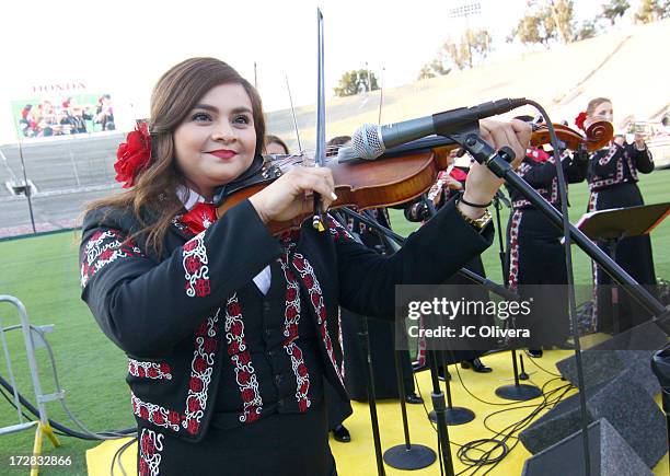 Musical group Mariachi Divas perform on stage during Americafest 2013, 87th Annual Fourth of July Celebration at Rose Bowl on July 4, 2013 in...