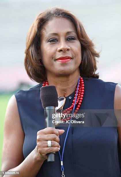 Personality Pat Harvey speaks during Americafest 2013, 87th Annual Fourth of July Celebration at Rose Bowl on July 4, 2013 in Pasadena, California.