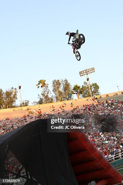 Freestyle Motorcross rider performs a trick during Americafest 2013, 87th Annual Fourth of July Celebration at Rose Bowl on July 4, 2013 in Pasadena,...