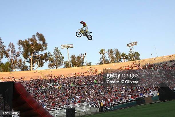 Freestyle Motorcross rider performs a trick during Americafest 2013, 87th Annual Fourth of July Celebration at Rose Bowl on July 4, 2013 in Pasadena,...