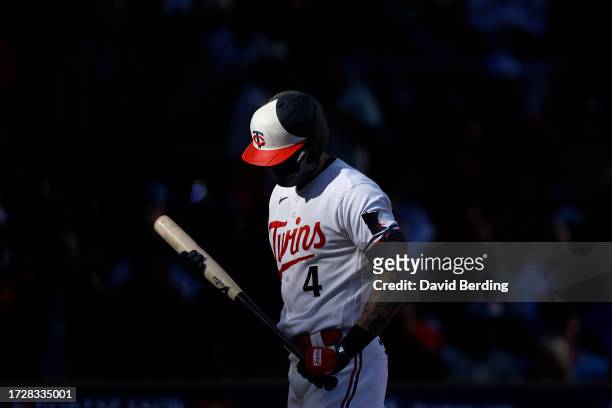 Carlos Correa of the Minnesota Twins prepares to bat in the first inning against the Houston Astros during Game Three of the Division Series at...