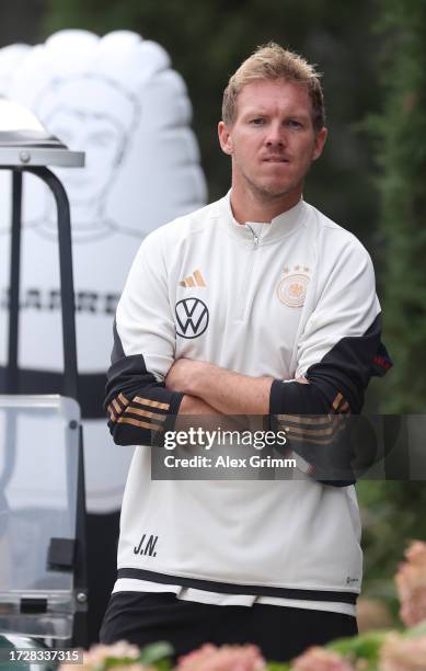 Julian Nagelsmann, head coach of Germany looks on during a training session of the German national football team on October 10, 2023 in Foxborough,...