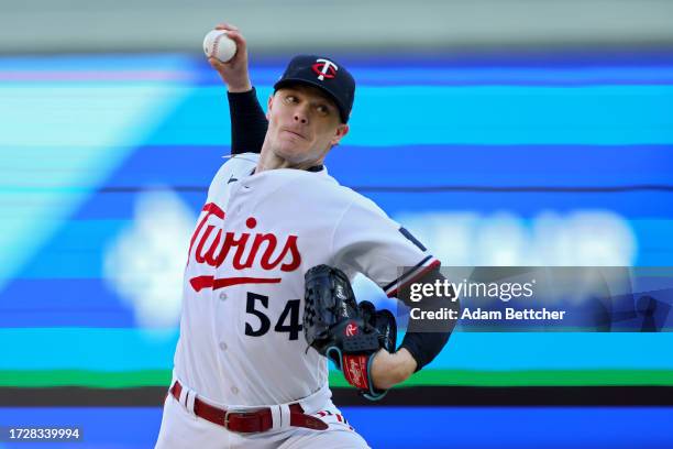 Sonny Gray of the Minnesota Twins pitches in the second inning against the Houston Astros during Game Three of the Division Series at Target Field on...