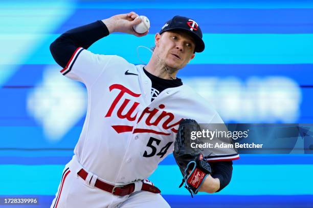 Sonny Gray of the Minnesota Twins pitches in the second inning against the Houston Astros during Game Three of the Division Series at Target Field on...