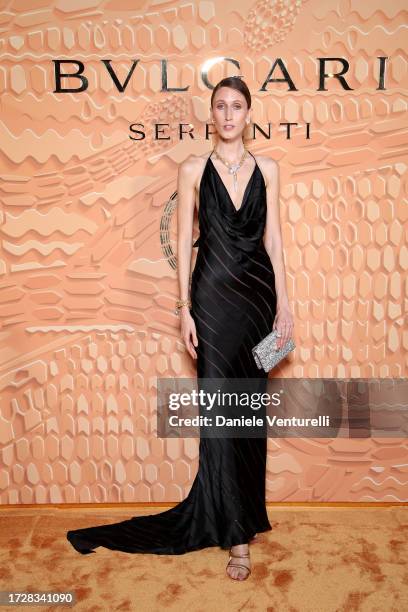 Anna Cleveland attends the Bulgari "Serpenti. 75 Years Of Infinite Tales" exhibition opening on October 10, 2023 in Milan, Italy.