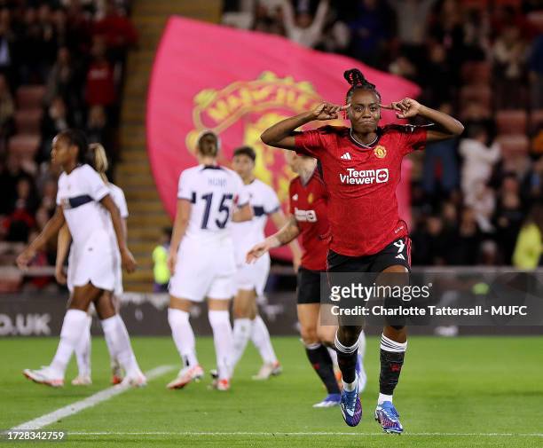 Melvine Mallard of Manchester United Women celebrates scoring their first goal during the Women's UEFA Champions League match between Manchester...
