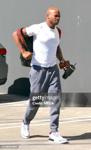 Adrian Peterson is seen arriving at the 'Dancing With The Stars' rehearsals on October 15, 2023 in Los Angeles, California.