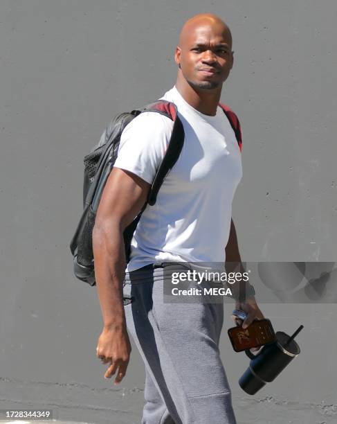 Adrian Peterson is seen arriving at the 'Dancing With The Stars' rehearsals on October 15, 2023 in Los Angeles, California.