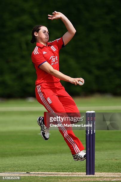 Arran Brindle of England in action during the 1st NatWest Women's International T20 match between England Women and Pakistan Women on July 5, 2013 in...