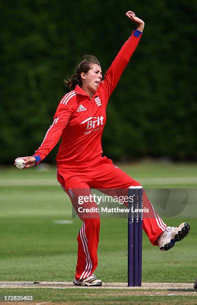 Jenny Gunn of England in action during the 1st NatWest Women's International T20 match between England Women and Pakistan Women on July 5, 2013 in...