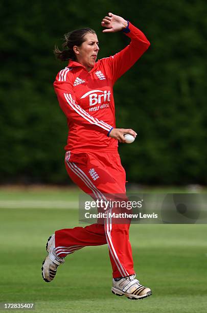 Jenny Gunn of England in action during the 1st NatWest Women's International T20 match between England Women and Pakistan Women on July 5, 2013 in...