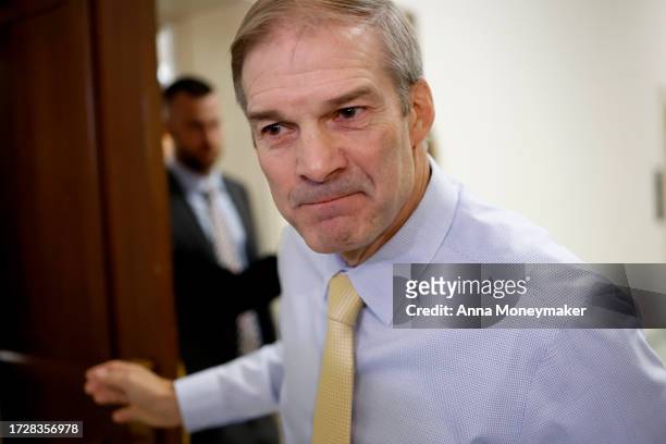 Rep. Jim Jordan makes his way to a candidate forum with House Republicans to hear from members running for U.S. Speaker of House in the Rayburn House...