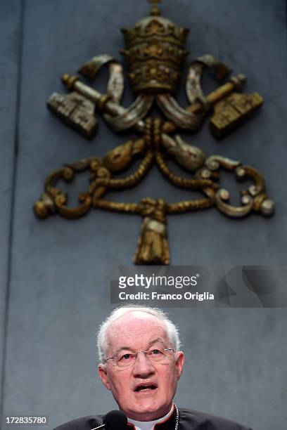 Canadian Cardinal Marc Ouellet, prefect of the Congregation for the Doctrine of the Faith attends a press conference at the Holy See Press Office for...