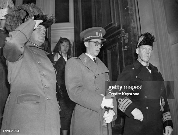 King Olav V of Norway , King Baudouin of Belgium and Prince Axel of Denmark seen leaving the funeral service for Prince Carl of Sweden and Norway,...